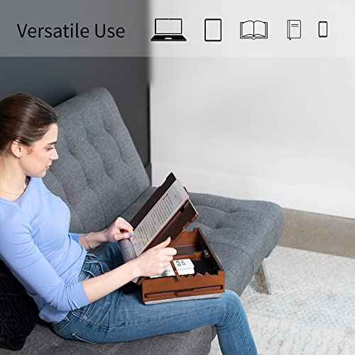 Wooden Tilting Lap Desk for Writing, Drawing, Laptop Work, and More, Height Adjustable Compact Table with Slide-Out Mouse Pad, Internal Storage, Wrist Support, Dark Wood, SX-LAPD-1