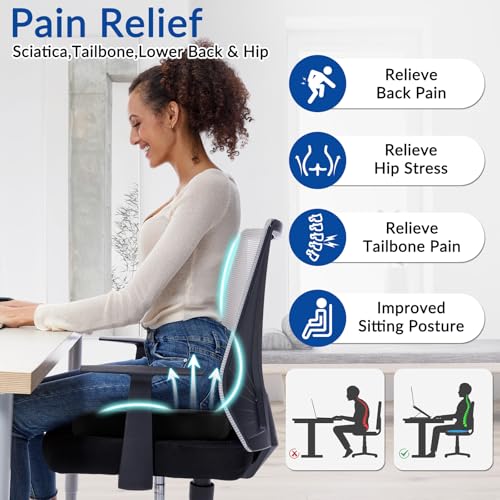 Ergonomic Memory Foam Seat Cushion for Office Chair, Extra Large Pad with U-Shaped Design for Pressure Relief, Coccyx Sciatica & Back Pain Relief, for Home, Car Long Sitting (Black)