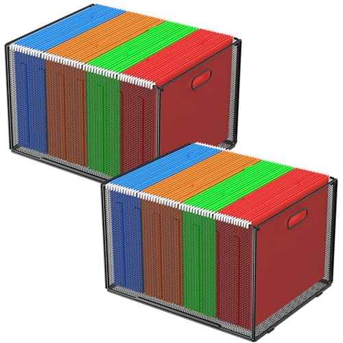 MaxGear Hanging File Organizer Box, Mesh Filing Folder for Letter/Legal Size, Metal File Crate Box with Handles, Cabinet Organizer Storage Boxes for Office Supplies, Clothes, Pantry, and Bath, 2 Pack