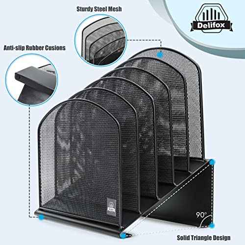 Inclined Desk File Organizer, 5-Section Vertical File Folder Holder Stand Metal Rack File Sorter for Office Classroom Desktop Organization (Black, 1Pack)