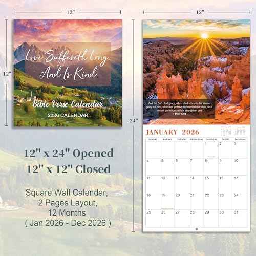 2026 Calendar - Bible Verse Wall Calendar 2026, Jan 2026 - Dec 2026, 12" x 24" (Open), 12 Monthly Calendar, Hanging Holes, Large Blocks & Holidays - Nature's Beauty with Inspiring Bible Quotes
