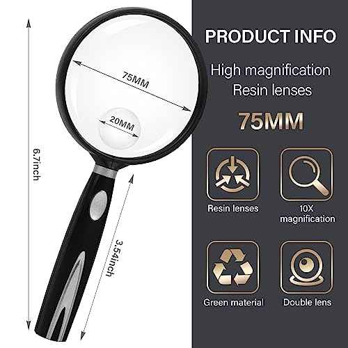 Feosky Handheld Reading Magnifier, 10X 30X Magnifier, 75mm Shatterproof Lens, Non-Slip Handle for Adults Close Work, Seniors Reading and Kids Nature Exploration, Hobby Observation(Silver)