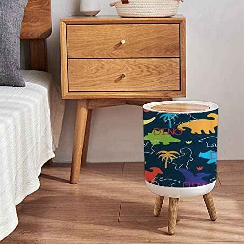Small Trash Can with Lid Seamless Colorful Dinosaurs Dinosaur Silhouette Round Recycle Bin Press Top Dog Proof Wastebasket for Kitchen Bathroom Bedroom Office 7L/1.8 Gallon