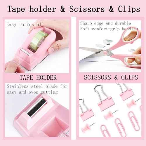Pink Desk Accessories, Pink Office Supplies 360¡ÆPen Holder Desk Organizers And Accessories with Tape Dispenser, Stapler, Staple Remover, 1000 Staples, Tape, Clips Set, Ruler, Scissor, Pen