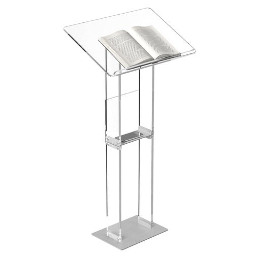 HMYHUM Acrylic Podium Stand, Clear Lecterns & Pulpits for Classroom, Weddings, Churches, Speech, with Storage Shelf, Metal Base, 23.6" L x 15.7" W x 46.1" H, Modern