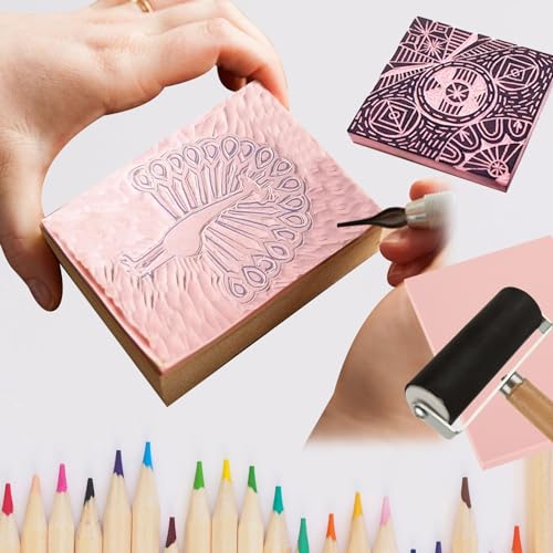 10 Pack Rubber Stamp Making Kit - Block Printing Kit£¬Linoleum Carving Tools with 8 Type Blades, 8 Pcs Pink Rubber Carving Block and Rubber Brayer Roller