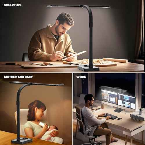 LED Desk Lamp for Home Office, 24W Bright Foldable Desk Lamp with Base,25 Lighting Modes Eye-Caring Desk Light Adjustable Gooseneck Lamp for Drafting Reading Study(A)