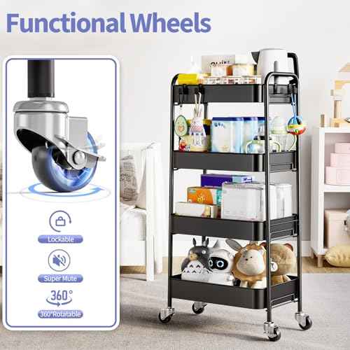 TOOLF 4-Tier Metal Rolling Cart with Wheels, Storage Utility Organizer Cart for Kitchen, Bathroom, Office, Baby Essentials & Makeup - Lockable Casters, Easy Assembly, Large Capacity, Black