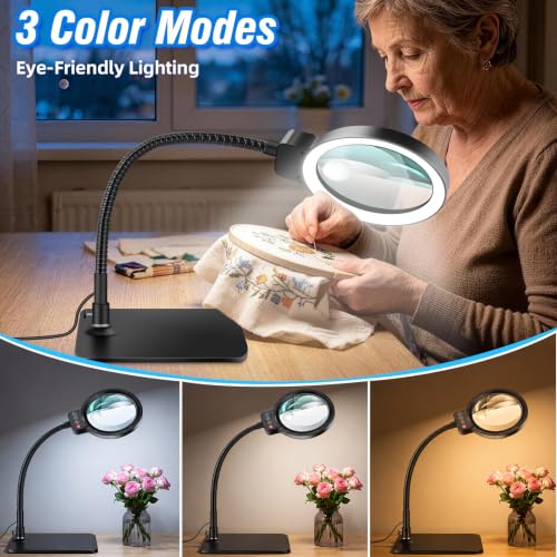 Black 30X-12X Magnifying Glass with Light & Stand, 5-Inch HD Lens