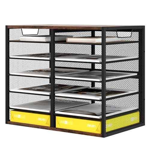 Letter Size Paper Organizer, Metal Literature Organizer, Sturdy Mail Sorter Desktop Organizer for Storage, Classroom Mailbox Keep Desktop Clean, 12 Compartments, Retro Brown