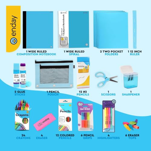 Enday Kids School Supplies Kit Blue - 78 Items for Grades K-5