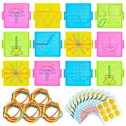 Deekin 50 Pcs Double Sided Geoboard Mathematical Kids Geoboards with Rubber Bands Math Manipulatives Toy for Geometry, 6.9 x 6.3 Inches Classroom Back to School