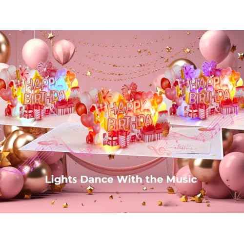 Ribbli Birthday Cards, Rose Pink Pop Up Birthday Card with Light and Music for Women Mom Daughter Girlfriend Wife, 7.9 x 5.9 Inches with Envelope