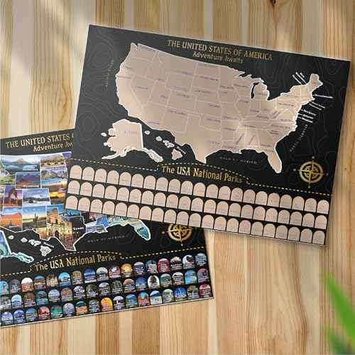Large Scratch Off Map of United States + All 63 US National Parks Scratch Off Poster, Journal Gifts for Travelers