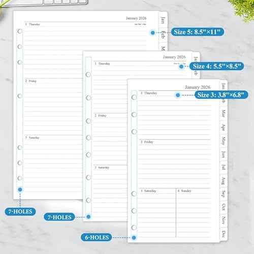 2026 Weekly & Monthly Planner Refill, A5 Medium Planner Inserts with Monthly Tabs, Size 4, 5.5"x8.5", Jan. 2026 - Dec. 2026, 7-Hole Punched
