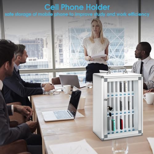 Cell Phone Locker for Classroom, 24 Slots Portable Phone Holder Box, Wall Mount Phone Box with Security Lock, Lightweight Phone Storage Organizer Cabinet, Pocket Chart Storage (Silver)