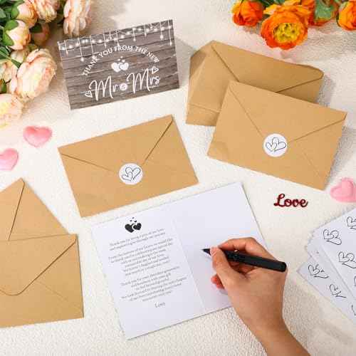 Spakon 100 Sets Wedding Thank You Cards with Envelopes and Stickers Wedding Themed Kraft Paper Thank You Card with Message Mr and Mrs Thank You Notes for Bridal Shower Anniversary Guests (Rustic)