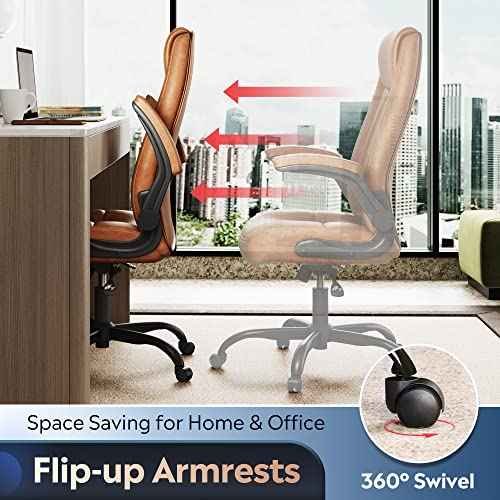 DEVAISE Executive Chair Computer Office Chair, High Back Ergonomic Desk Chair with Adjustable Flip-up Armrests, Lumbar Support and Thick Headrest, Brown