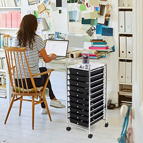 FUTADA 10-Drawer Rolling Storage Cart, Mobile Utility Cart, Multipurpose Storage Organizer with Lockable Casters (Black)