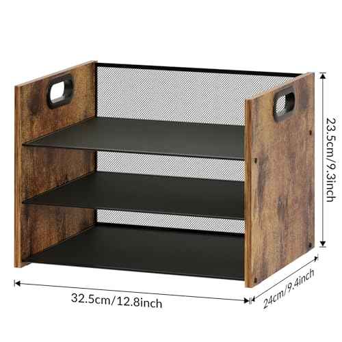 3 Tier Wood Paper Organizer for Desk, Metal Office Organizer and Accessories with Handle, Mesh File Holder for Desk, File Cabinets for Home Office, School