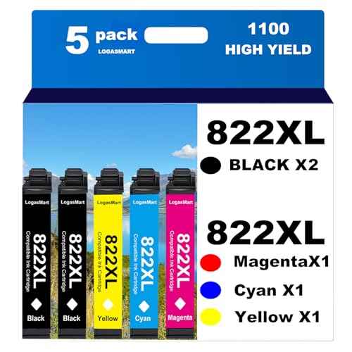 822XL Remanufactured for Epson 822XL Ink Cartridges for Epson 822XL 822 for Epson Workforce Pro WF-3820 WF-3823 WF-4820 WF-4830 WF-4833 WF-4834 Printer 5 Pack 2 Black 1 Cyan 1 Magenta 1 Yellow