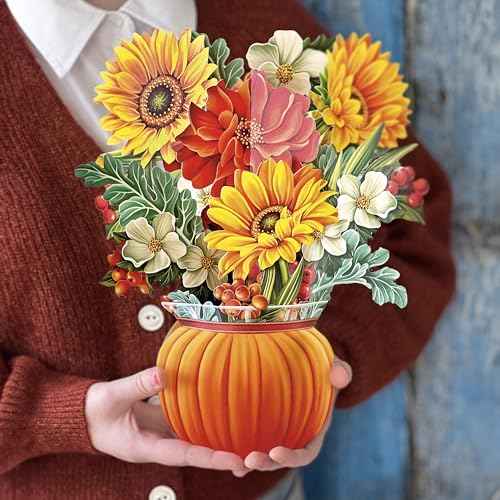 Freshcut Paper Pop Up Cards, Pumpkin Harvest, 12 Inch Life Sized Forever Flower Bouquet 3D Popup Greeting Card, Autumn Cards, Birthday Card, Blank Notecard & Envelope