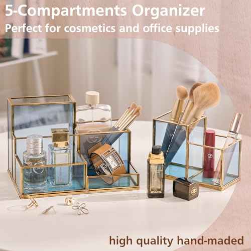 FONDAZZA 5-Compartment Desk Organizer for Home Office Supplies, Gold Brass with Blue Glass, Workspace Storage for Stationery, Cosmetic, Makeup Tools and Brush.