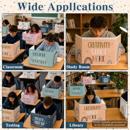 ClassyWhimsy Motivational Words 24-Pack Desk Privacy Shields for Students – Rainbow Boho Folders & Dividers
