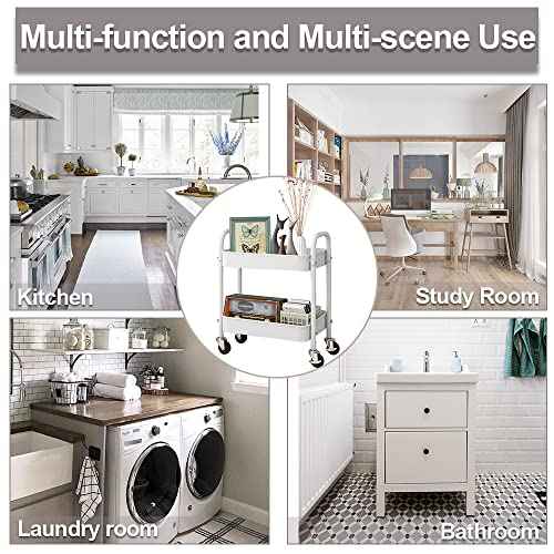 2 Tier All-Metal Rolling Cart, Rolling Storage Cart with Handle and Locking Wheels Kitchen Cart Laundry Office Bathroom Storage Organizer Cart, White