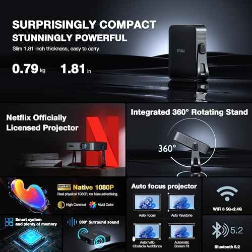 ¡¼Netflix-Licensed Projector & Native 1080P¡½Thinnest 1.81" Smart Mini Projector with WiFi and Bluetooth, Auto Focus & Keystone Portable Outdoor Projector, VOPLLS 4K Support Home Movie Projector(black)