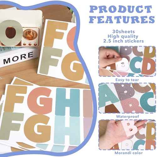 30 Sheets Letter Stickers 300 Pcs Large Bulletin Board Letters Set for Boho Classroom Decor,Vinyl Self Adhesive Alphabet ABC Stickers for Poster Board Mailbox Craft Home Door Wall Decor(2.5 Inch,Boho)