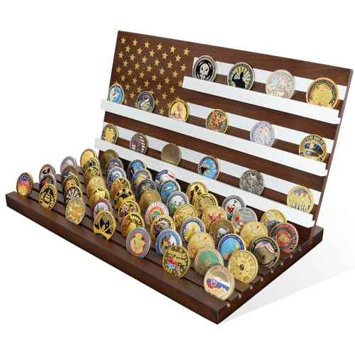 11 Rows American Flag Challenge Coin Display Holder Stand - Wooden Military Coin Holder for Desk - Holds 80-90 Coins - Ideal for Veterans, Collectors, and Patriots, Walnut