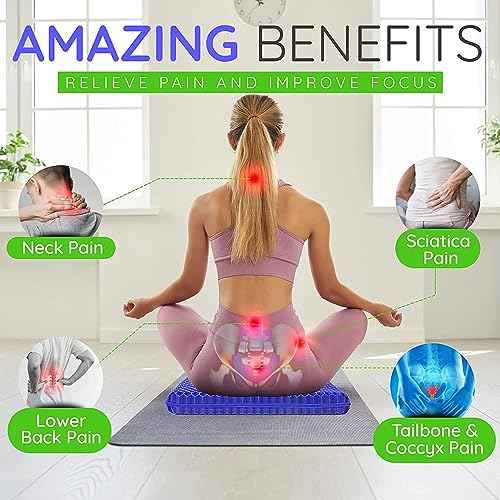 Gel Seat Cushion, Jumbo&Thick Gel Cushion Chair Pads with Non-Slip Cover for Home Office Car Seat Wheelchair, Soft Breathable Honeycomb Seat Pads for Relieve Hip Pain, Blue 20x20x1.9inch