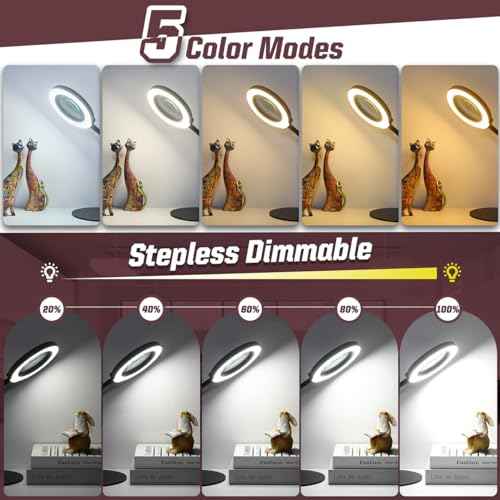 10X Magnifying Glass with Light and Stand, 5 Color Modes Stepless Dimmable LED Lighted Desk Lamp, Hands Free Flexible Gooseneck Magnifier with Light for Craft Hobby Painting Sewing Close Work