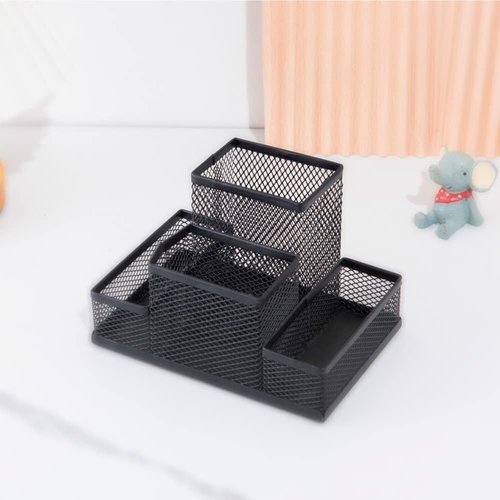 koofull 2 Packs Desk Organizer Desktop Mesh Pen Pencil Holder Caddy with 4 Compartments, Office Home School Classroom Accessories Cool Supplies (2Pcs Black)