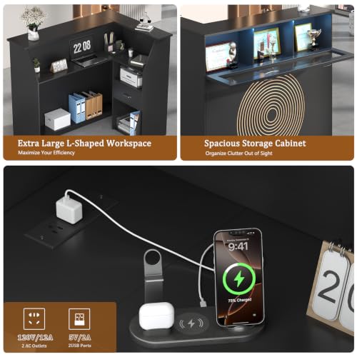 HIMcup Black Reception Desk with Outlet, LED Lights & Glass Display – L-Shaped Corner Counter