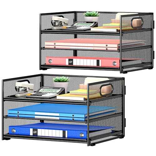 Subekyu 2-Pack 3-Tier Paper Letter Tray Organizer for Desk, Black Metal Mesh File Sorter Organizer with Handle and 1 PC Sliding Tray for Home Office School Desk Supplies Organization Storage