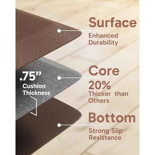 Ophanie Kitchen Mats for Floor, 3/4 Inch Thick Kitchen Rugs, 20x32 Anti Fatigue Standing Cushioned Mat, Waterproof,Comfort Ergonomic Mat for Office, Home, Sink, Brown Non-Slip Bottom