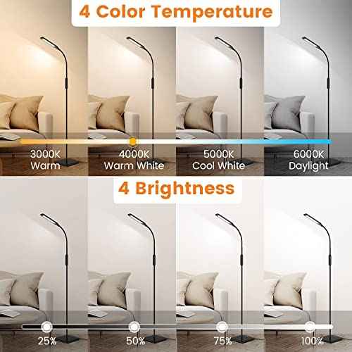 LASTAR LED Floor Lamp, Reading Lamp with 3000K-6000K & 4 Brightness Levels, Dimmable Standing Lamps for Living Room, Office with Flexible Gooseneck,Timer & Memory Function