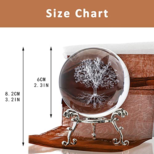 60mm Tree of Life Crystal Ball with Stand - 3D Laser Engraved Decor Gift