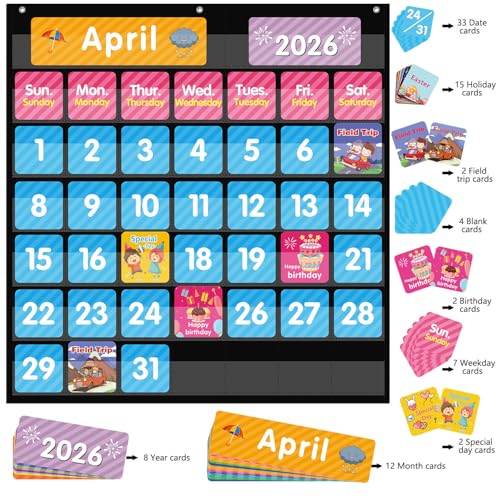 REGELETO 44 Pockets Classroom Calendar Pocket Chart with 85 Colorful Cards, 25” x 24” Black Learning Organizer for Home & School