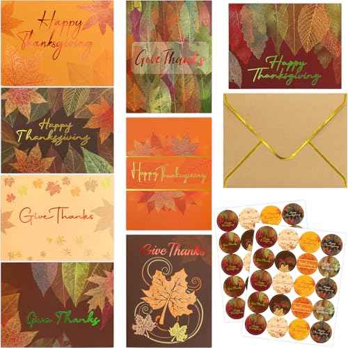 Fancy Land Glitter Thanksgiving Greeting Cards with Envelopes 24 Pack Fall Leaves Happy Thanksgiving Cards