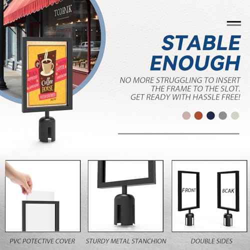 2 Pcs Stanchion Sign Holder 8.3 x 11.7, Portrait Post Top Stand Poster Display, Double Sided Sign Frame with Cover for Crowd Control Queue Barrier Sentry Stanchions Black Iron