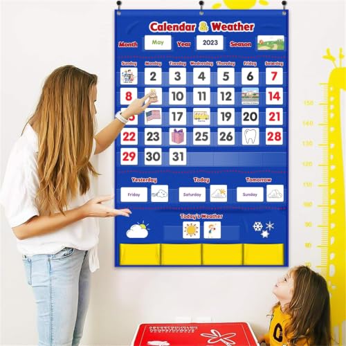 Blue Calendar Weather Pocket Chart Classroom Organizer with 149 Cards