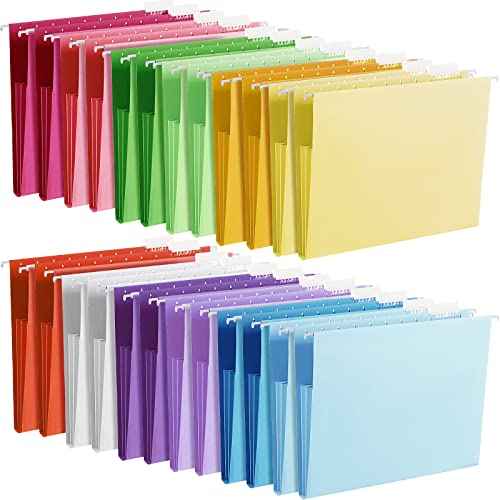 Yaomiao 24 Pack Hanging File Folders 3 Pleats Letter Size File Cabinet Folders with 1/5-Cut Adjustable Tabs Expandable Document Cabinet Colored for Home Desk Office Organization(Bright Color)