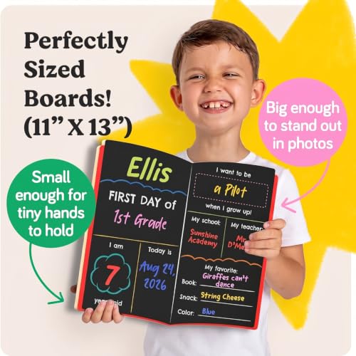 Funcils Book Board First Day of School Sign with 3 Chalk Markers - Kindergarten & Preschool Class Photo Prop
