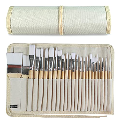 24-Piece Paint Brush Set with Canvas Case - Professional Watercolor & Acrylic Brushes - Includes 1 Count