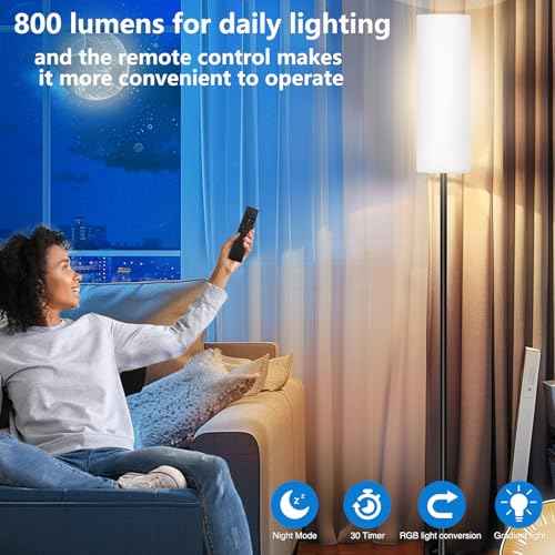 Smart LED Floor Lamp with APP Control & RGB Colors - Dimmable Standing Lamp for Living Room, Bedroom, Gaming - Remote, Timer, 9W Bulb Included, 67" Modern Tall Lamp (White)