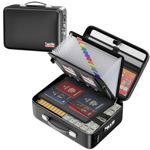 Tamfile Fireproof Document Box, Hard-Shell Design Case 5200¡ÆF Fireproof Water Safe File Box with Lock,8-Layer Fireproof Safe File Organizer for Important Documents¡¢Valuables¡¢Laptop¡¢Passports (Black)