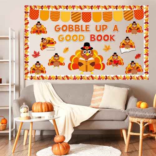 Thanksgiving Turkey Bulletin Board Classroom Decoration Fall Thanksgiving Turkey Reading Cutout Gobble Up A Good Book Bulletin Board Autumn Maple Leaves Cutouts for Home School Thankful Party Supplies